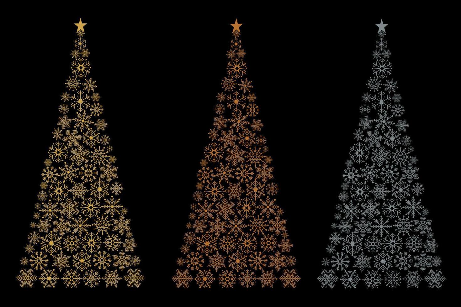 A set of Christmas trees. Christmas trees made of snowflakes. Vector illustration on a black background.