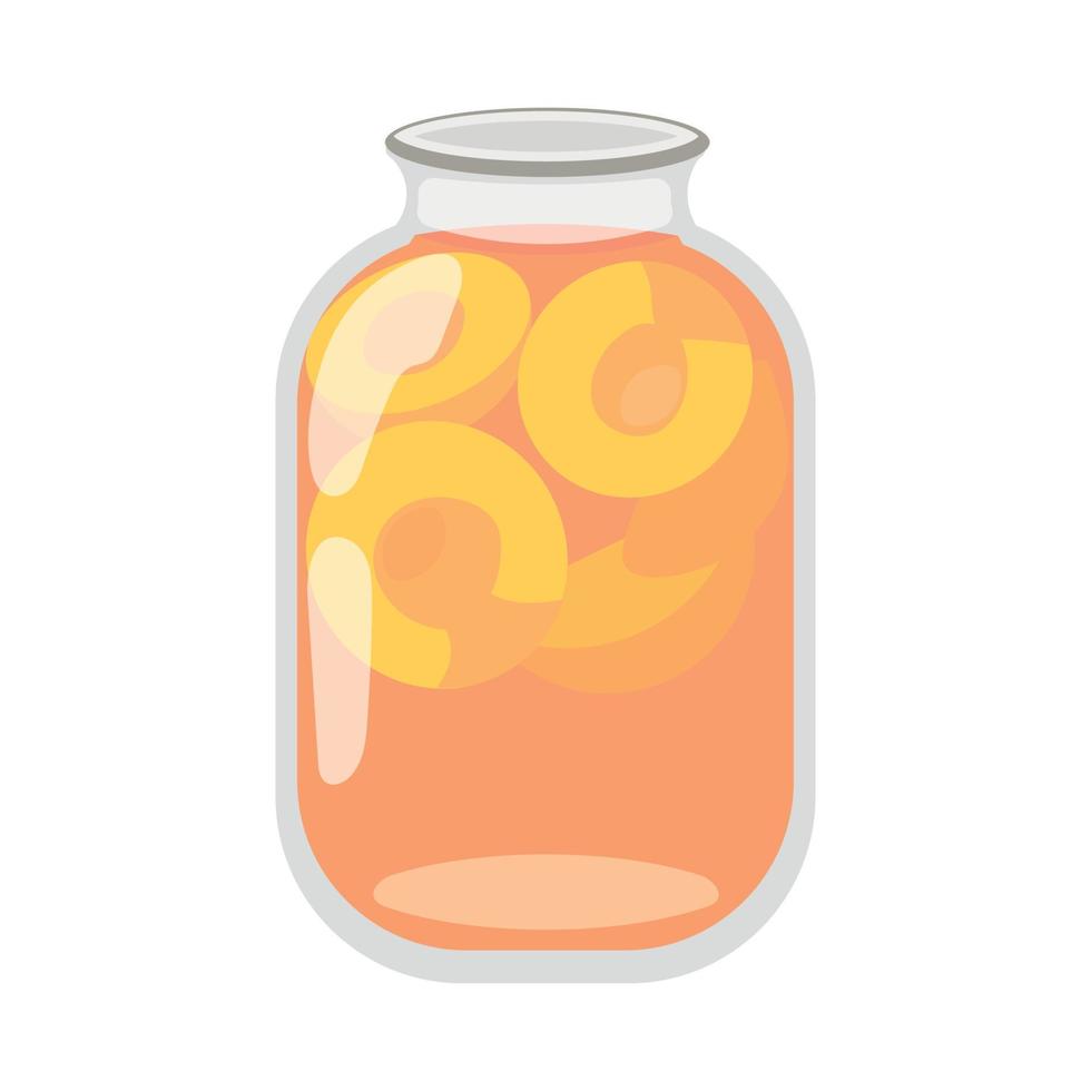 A jar of peach compote. Packaged jar of apricot jam or compote. Canned peach slices in sweet sugar syrup. Cartoon vector isolated on white background.