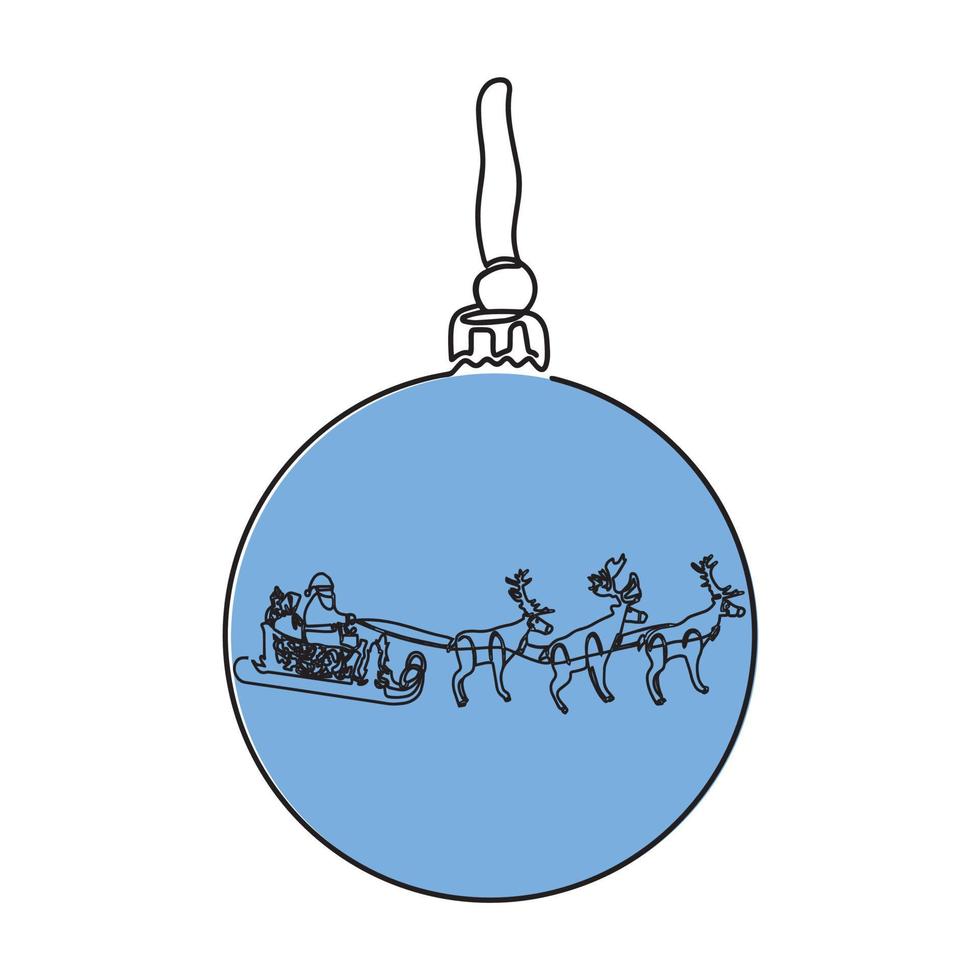 One line drawing. Vector cartoon sleigh with reindeer, Santa Claus sleigh. Christmas ball, vector minimalist illustration drawn in one line. New Year and Christmas design elements