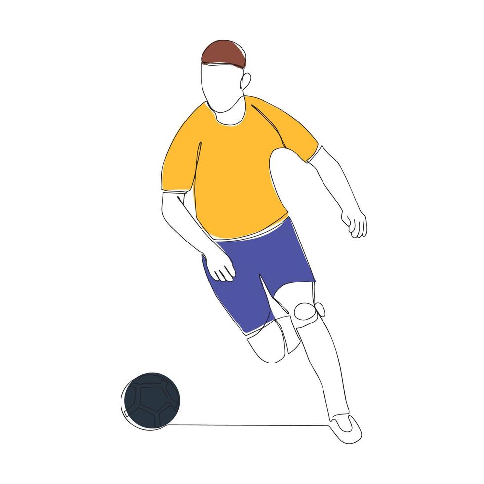 Silhouette of a soccer player with a ball. Football player kicks the ball. Continuous line drawing. One line illustration. Vector illustration