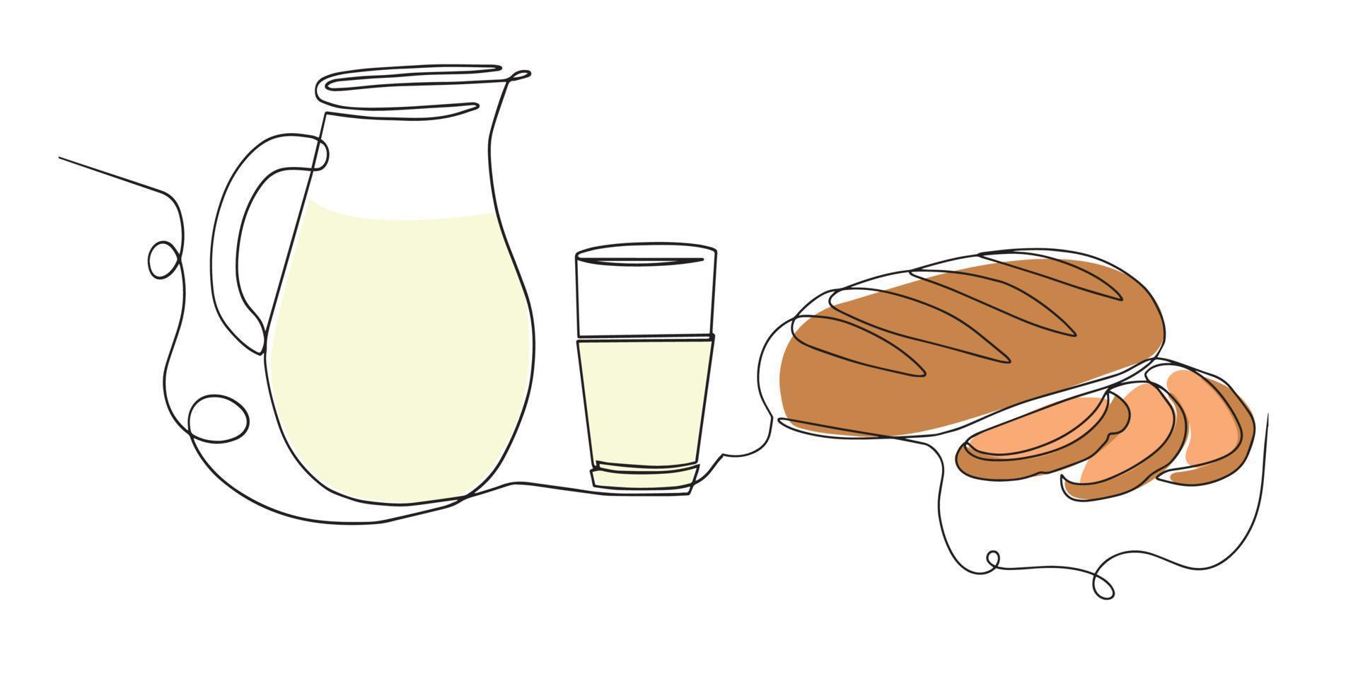 Continuous one line drawing of a loaf of bread, a jug, a glass of milk. Vector illustration