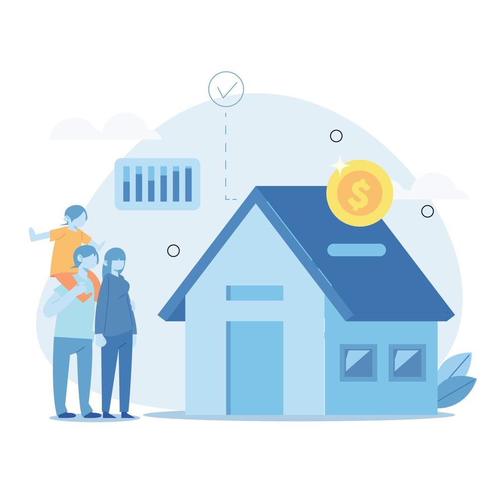 Family buying home with mortgage and paying credit to bank. People