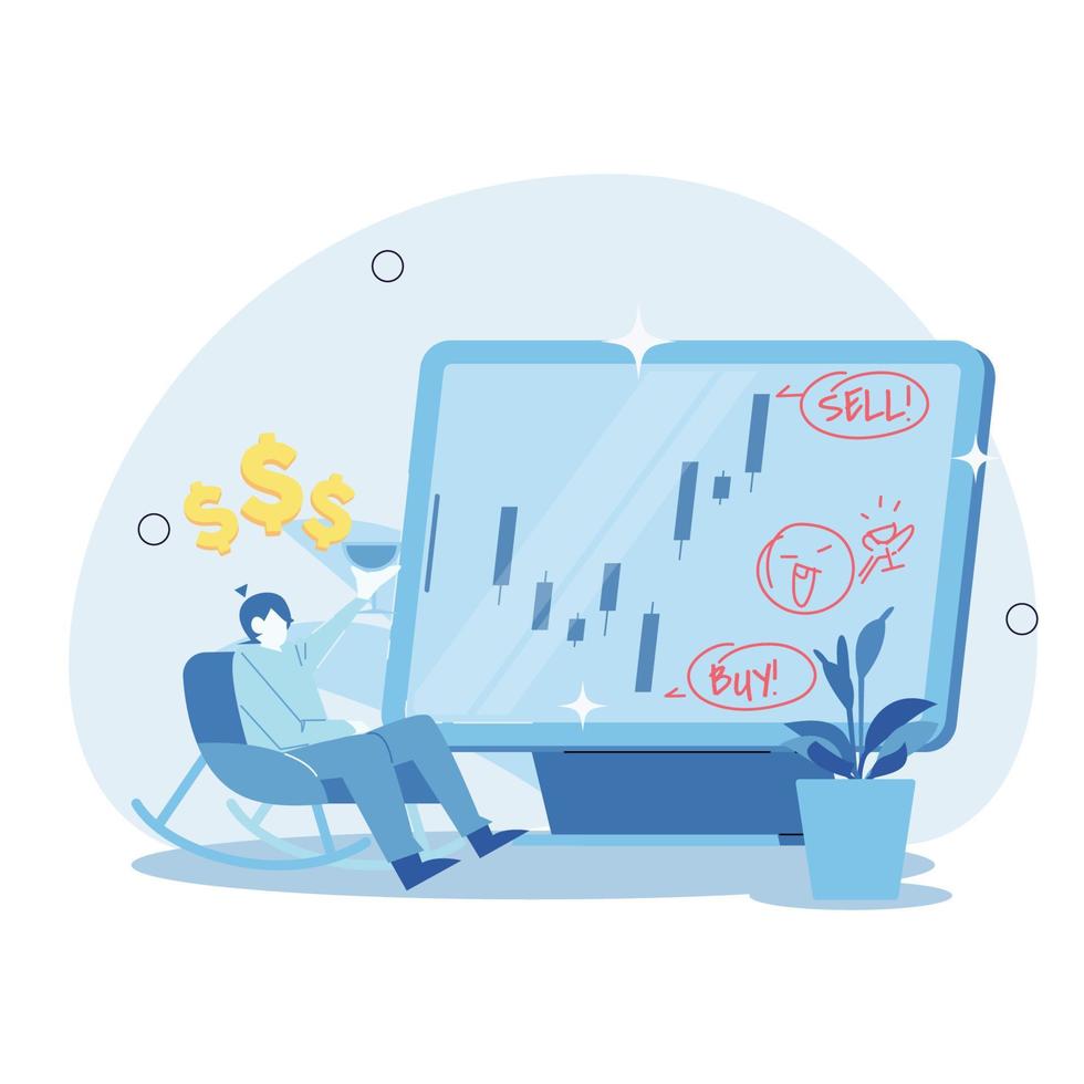 People who buy and sell shares online. a casual person trading stocks. people who are celebrating their success get profit in stock trading. flat cartoon vector illustration