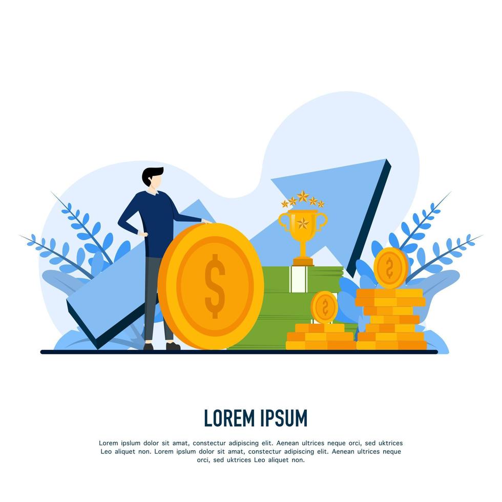 Financial growth concept. Young businessman holding big money, measures to grow money saving growth. Financial goals, wealth management and investment plans to achieve targets. vector