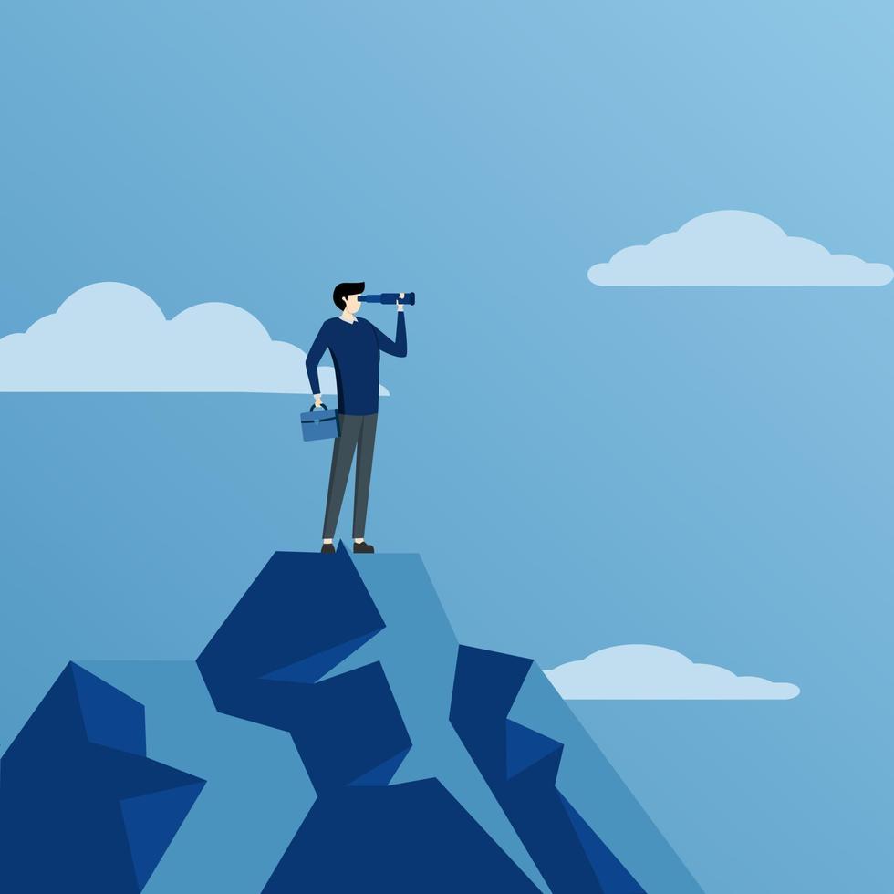 Businessman looking at horizon with telescope, future business trend. Businessman standing on mountain using telescope looking for success, opportunity, Vision concept. Cartoon Vector Illustration.