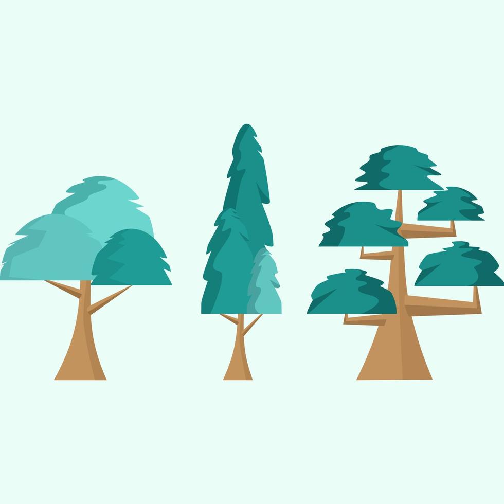 tres árboles planos de estilo minimalista. bosque plano árbol naturaleza planta aislado follaje ecológico. vector