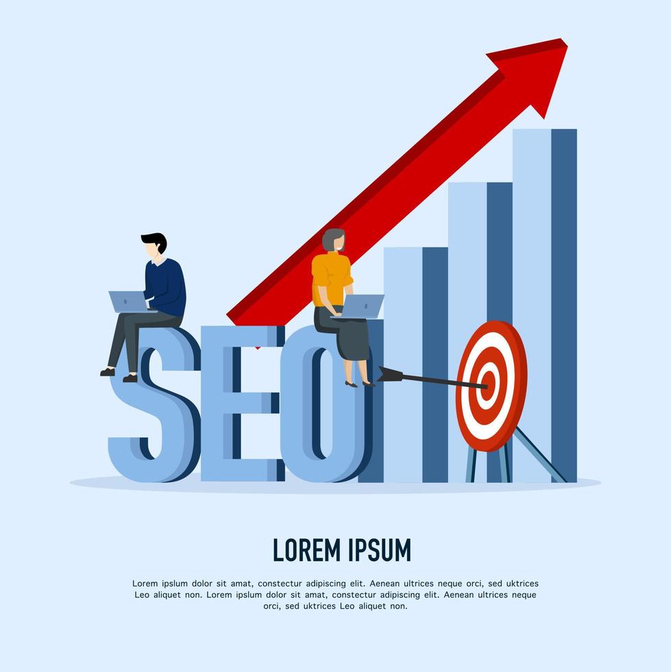 SEO concept, improve search result ranking, businessmen and businessmen use laptop to say SEO, search engine optimization to drive traffic or visitors to website, get more visibility concept. vector