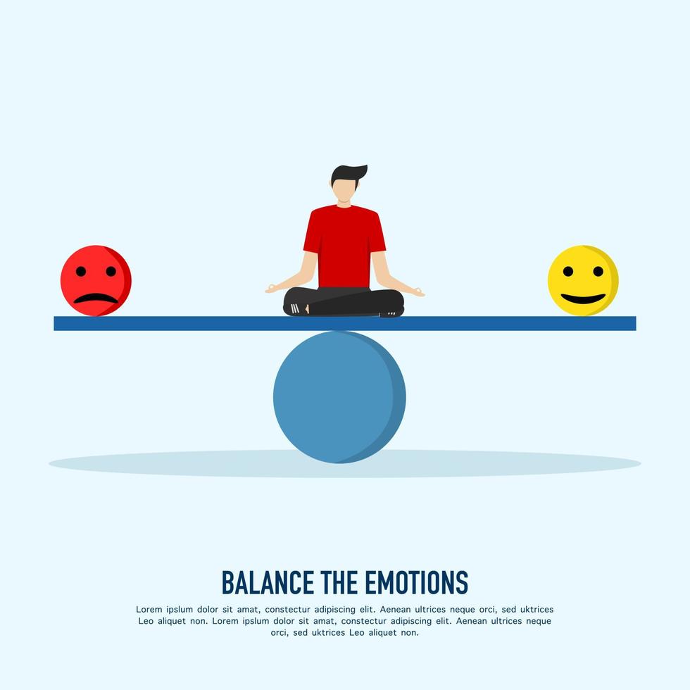 meditación, equilibrar los sentimientos de control emocional entre el estrés laboral o la tristeza y el concepto de un estilo de vida feliz, los hombres tranquilos meditan para equilibrar el buen y el mal humor. vector