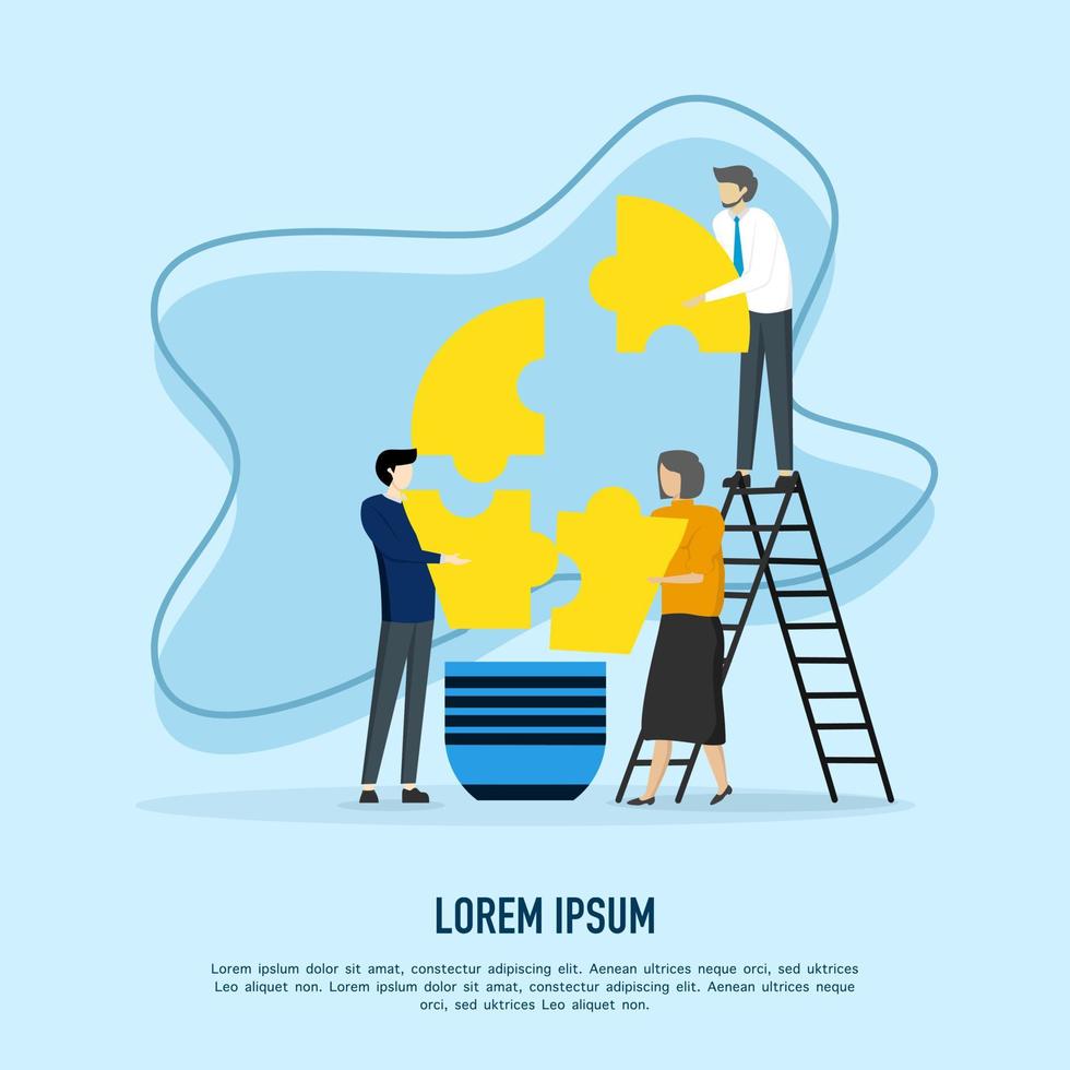 Business concept. people connecting puzzle in the shape of a light bulb. concept of teamwork and development. teamwork, cooperation, partnership. Flat vector illustration in simple style