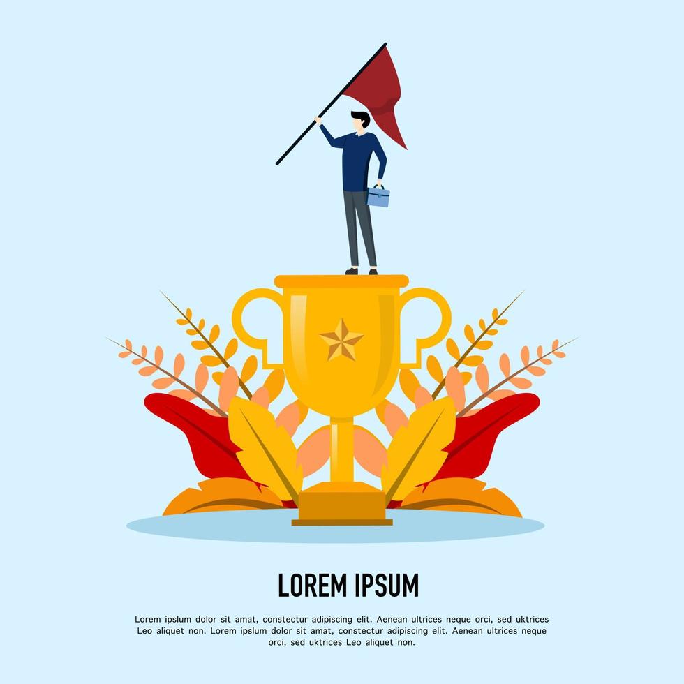 Victory concept with winning businessman holding flag over big golden trophy, giving success in business. business achievements. concept of entrepreneurs achieving goals. colored vector illustration