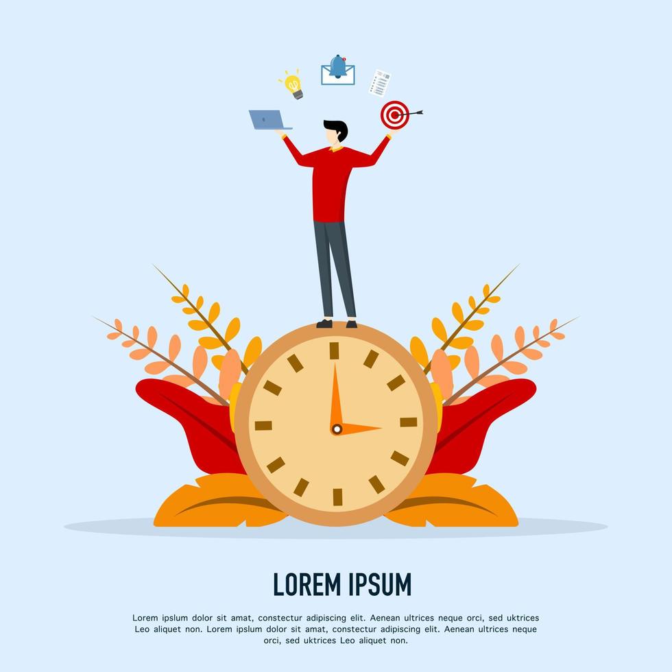 Multitasking and time management concept. Working person or business manager standing on big clock, doing effective multitasking with many hands. productivity concept. Flat vector illustration