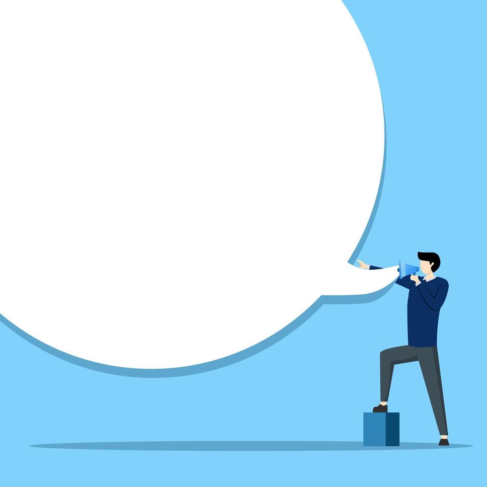 megaphones and chat balloons. confident businessman using megaphone speaking loudly to be heard in public. speak loudly to communicate with colleagues or grab attention and announce a promotion concep vector