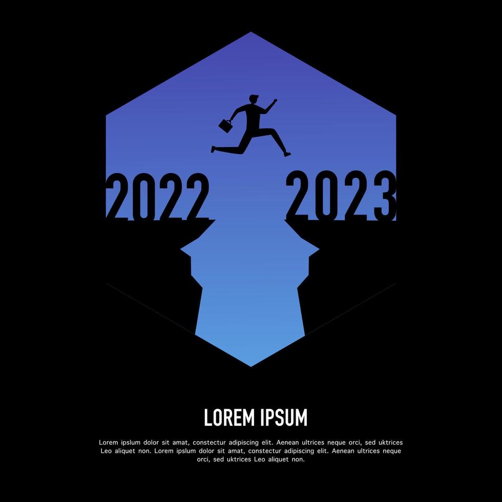 Black silhouette man jumping from cliff 2022 to cliff 2023 with purple sky. Merry Christmas and Happy New Year 2023. Vector illustration.