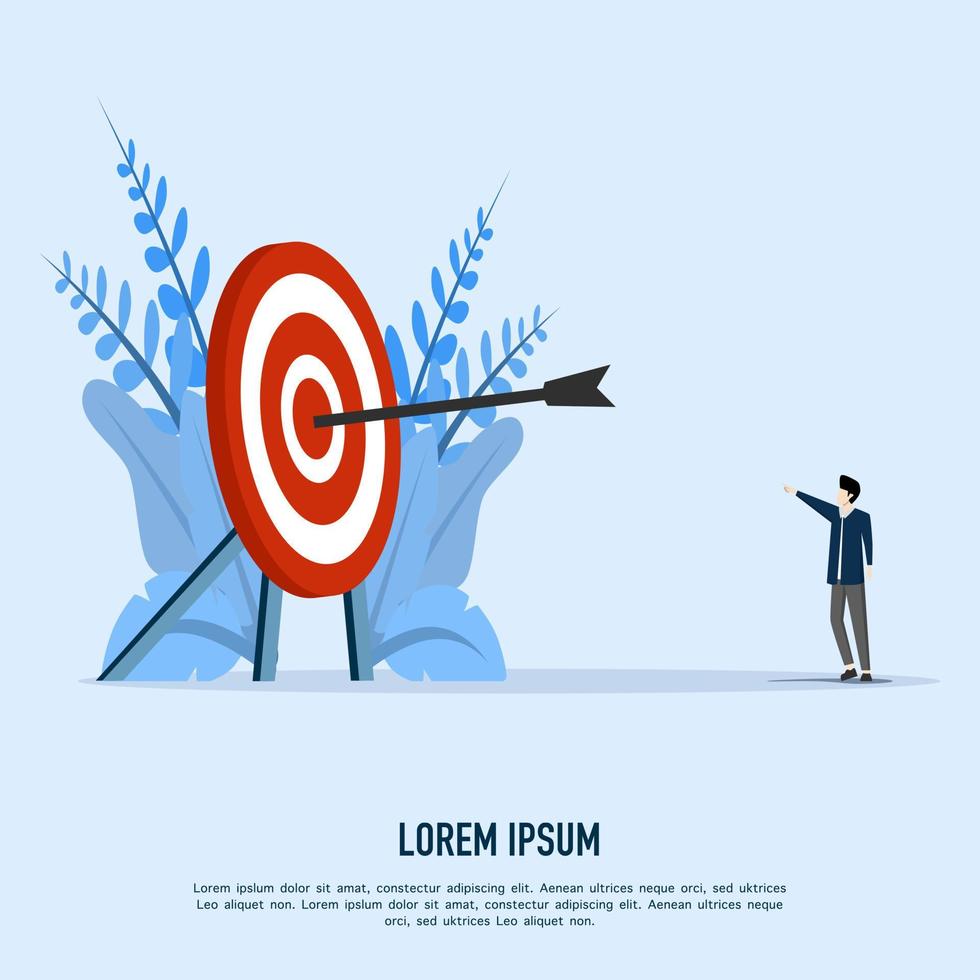 Set success goals concept. Businessman pointing arrow that hit the right target. Successful businessman achieves target. Achieve the target. Business concept vector illustration