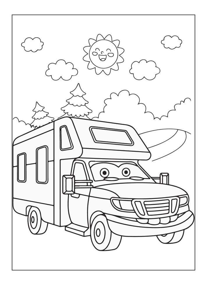 Happy Bus With Nature And City Coloring Page For Kids vector