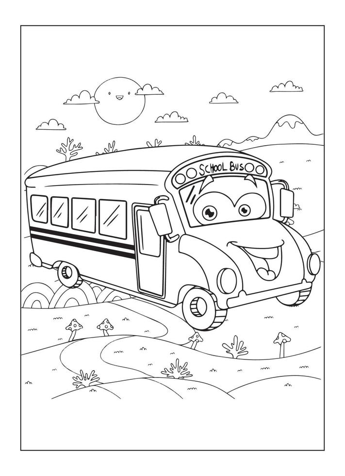autobús feliz con naturaleza y ciudad página para colorear para niños vector