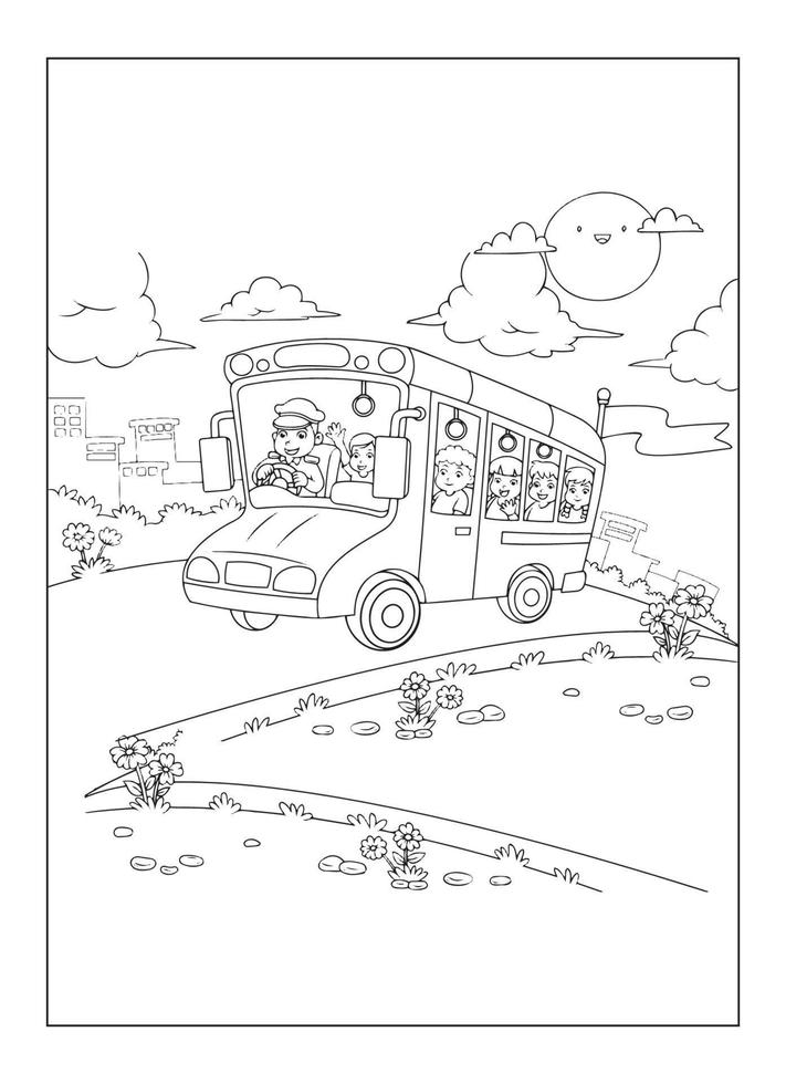 Happy Bus With Nature And City Coloring Page For Kids vector
