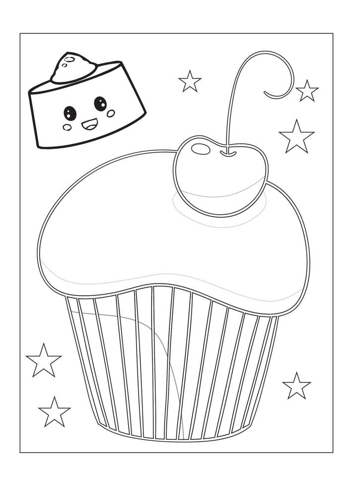 lindo kawaii cupcake página para colorear para niños vector