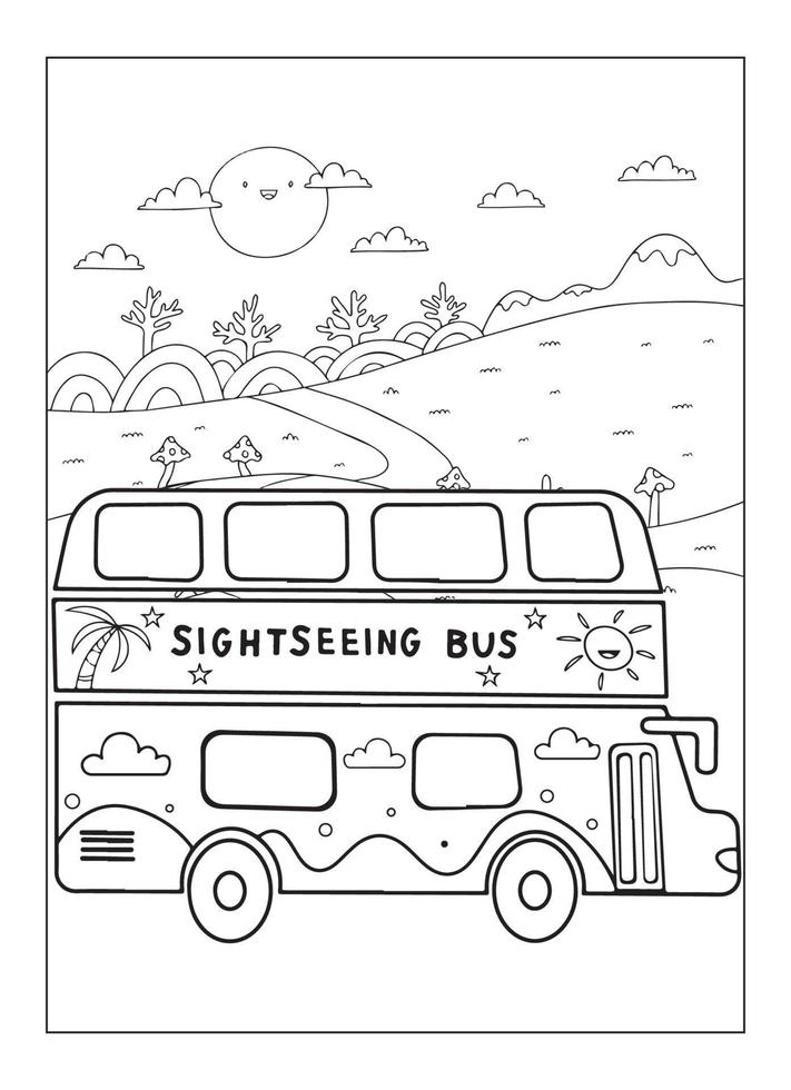 Happy Bus With Nature And City Coloring Page For Kids vector