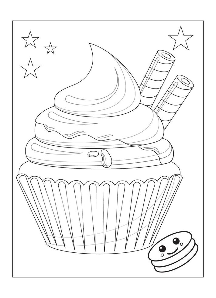 lindo kawaii cupcake página para colorear para niños vector