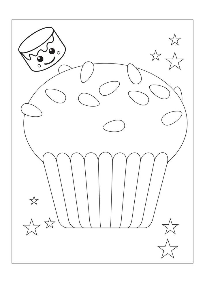 lindo kawaii cupcake página para colorear para niños vector