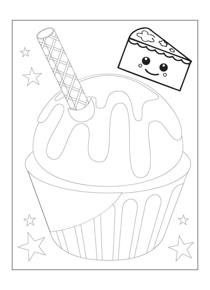 lindo kawaii cupcake página para colorear para niños vector