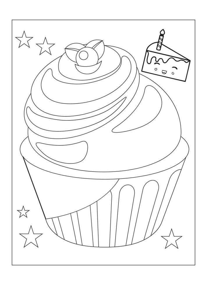 lindo kawaii cupcake página para colorear para niños vector