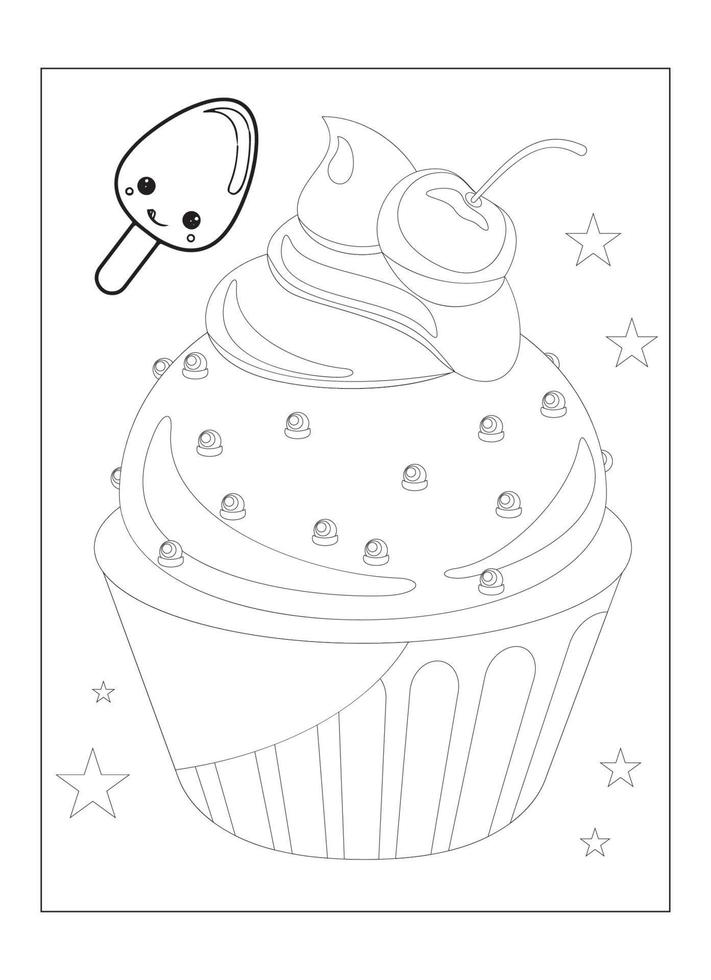 lindo kawaii cupcake página para colorear para niños vector