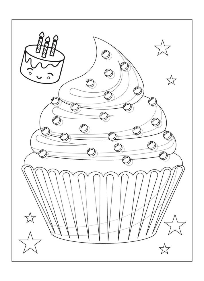 lindo kawaii cupcake página para colorear para niños vector