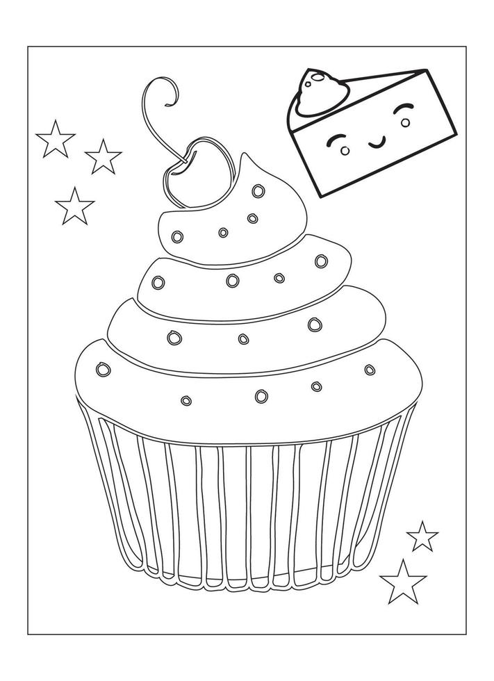 Cute Kawaii Cupcake Coloring Page For Kids vector