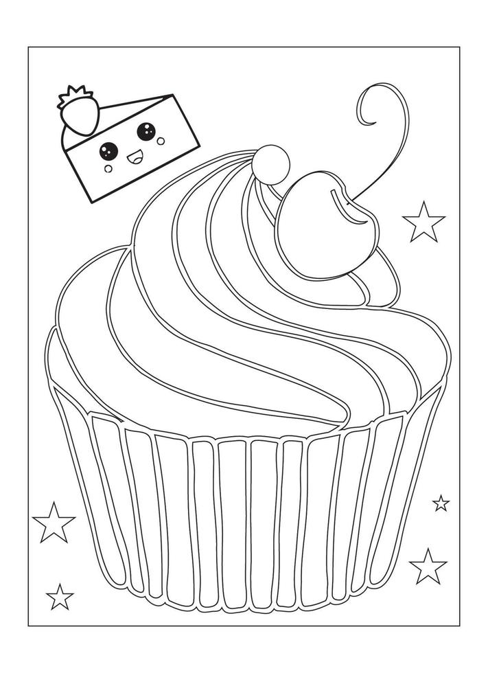 lindo kawaii cupcake página para colorear para niños vector