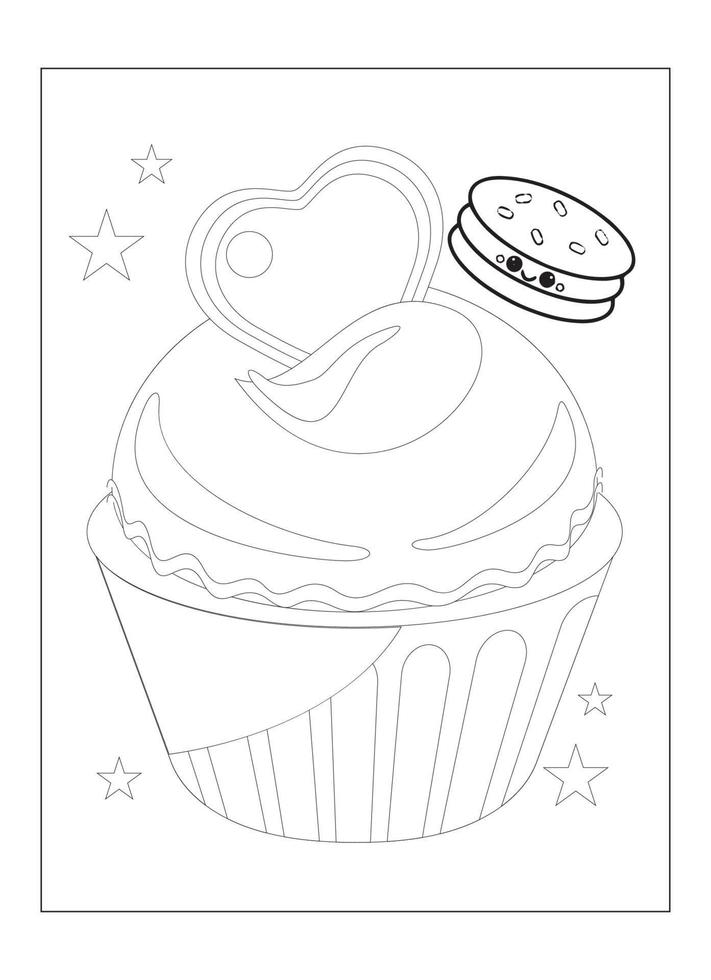 lindo kawaii cupcake página para colorear para niños vector