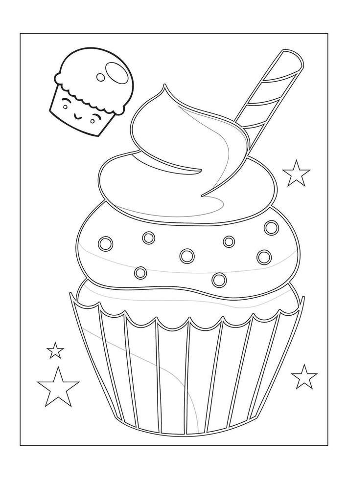 lindo kawaii cupcake página para colorear para niños vector