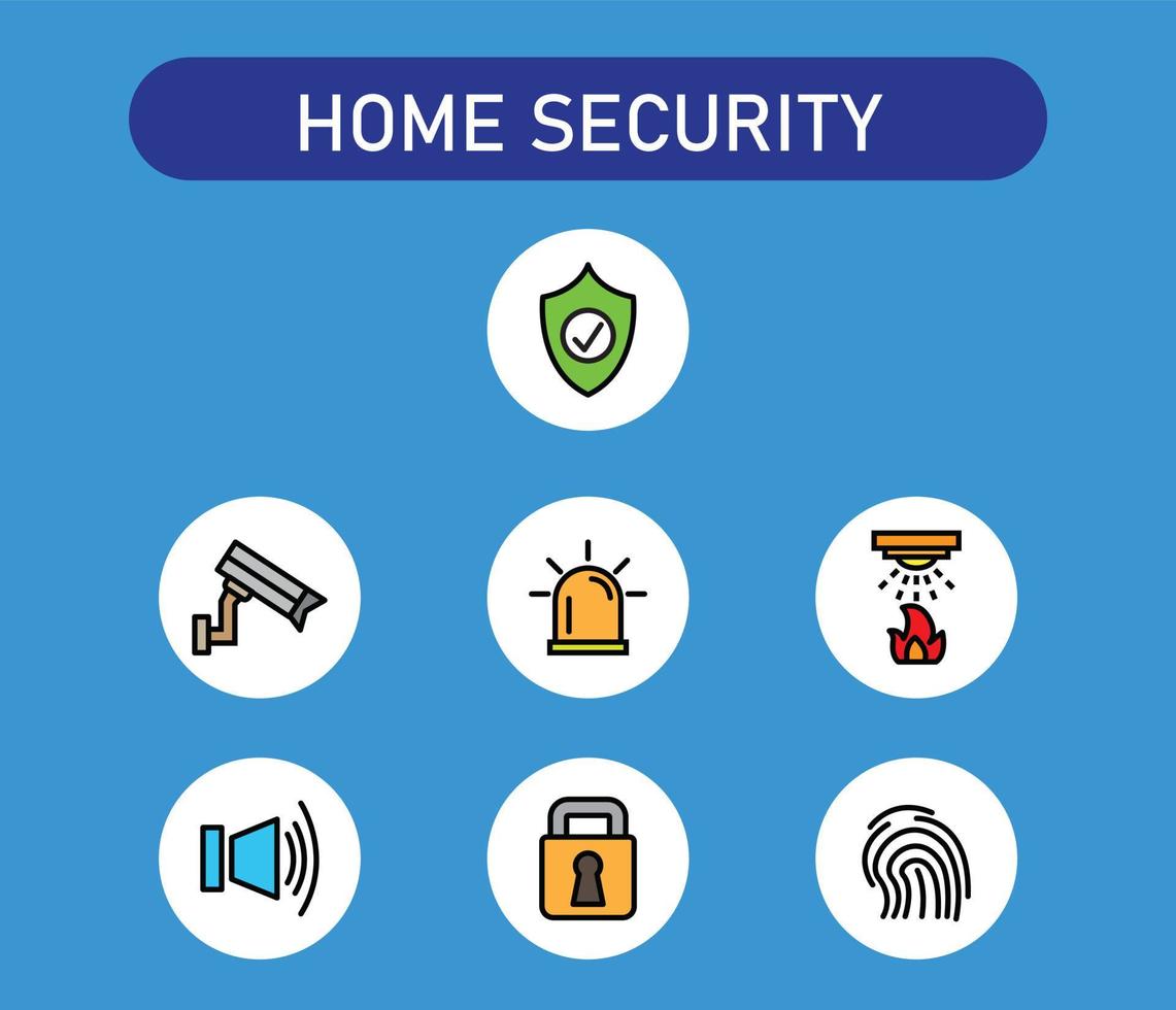 sistema de seguridad para el hogar, conjunto de íconos, con alarmas antirrobo, cámaras de vigilancia para el hogar, aspersor contra incendios en el techo, diseño vectorial. vector