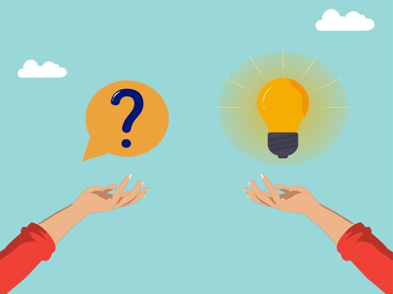 Question and answer, businessman hand holding question mark with other reply with lightbulb. solving problem or business solution. vector