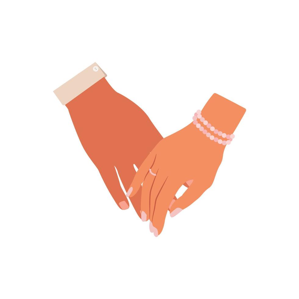 Holding hands, female and male hands together, vector illustration in flat style on white isolate