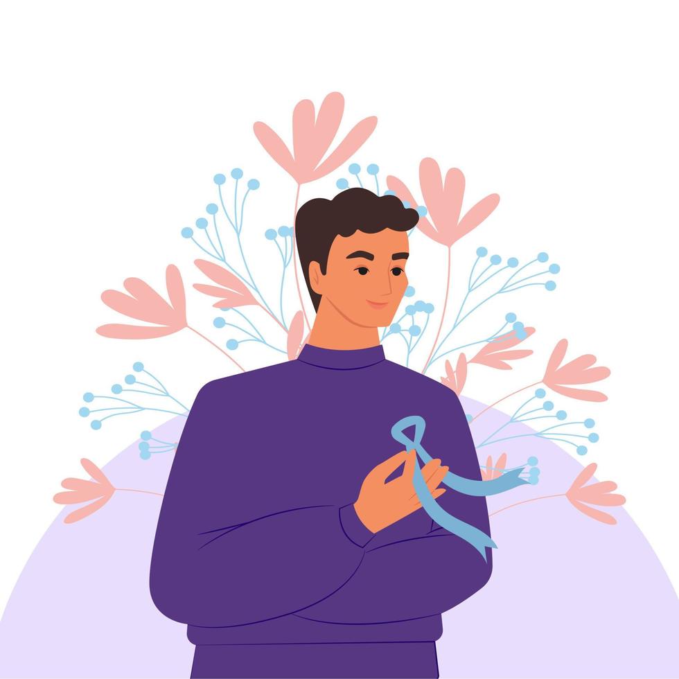 A young man is wearing a blue ribbon, a symbol of the fight against prostate cancer, vector banner in a flat style
