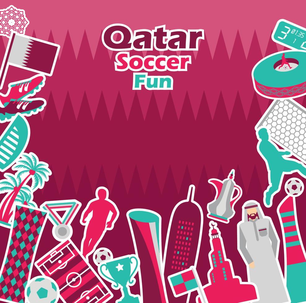 Football sports competition, Qatar tourist icon set. Doha background in