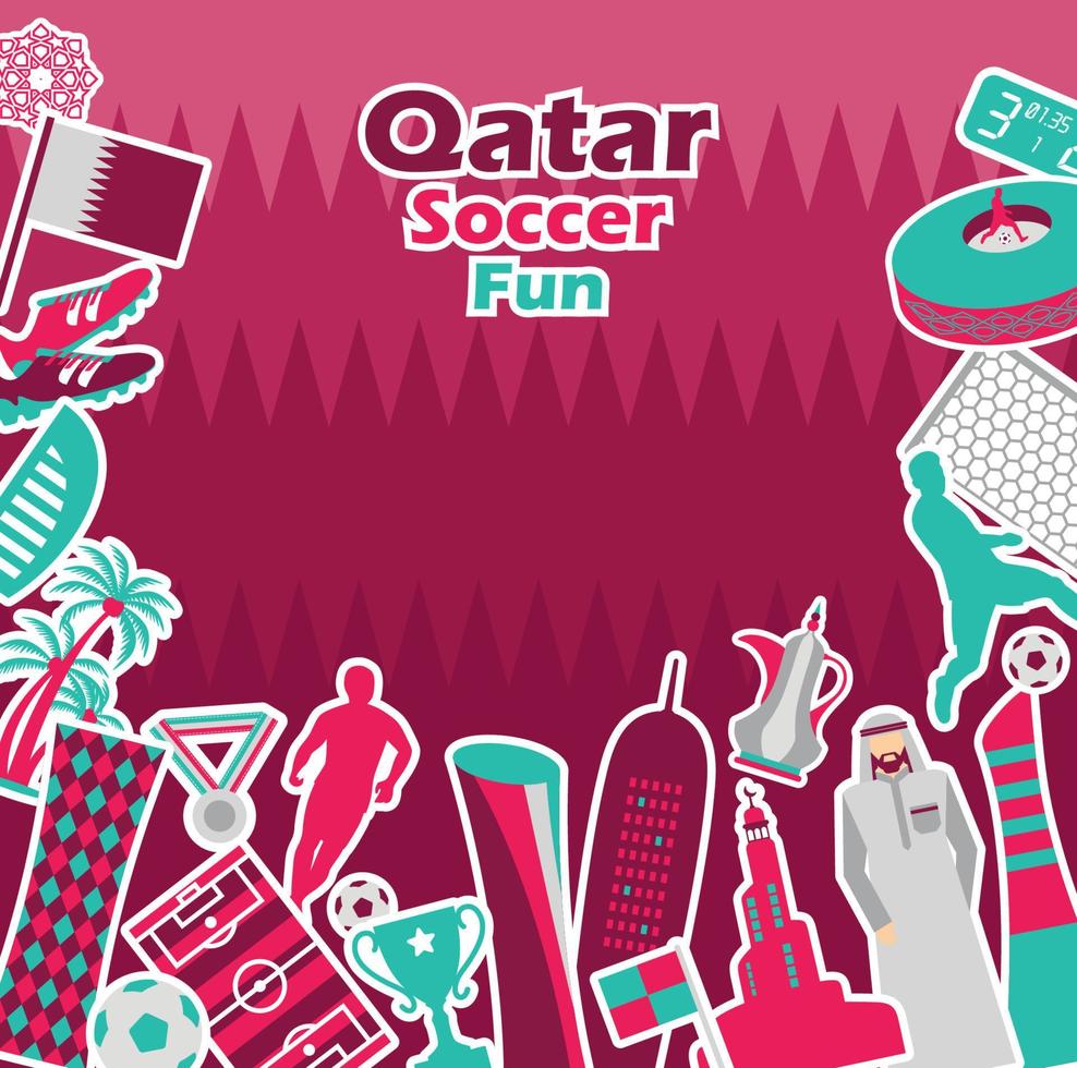 Football sports competition, Qatar tourist icon set. Doha background in color national flag. National day. Middle eastern football. vector