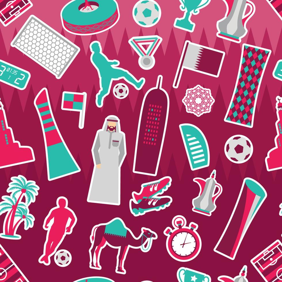 Qatar. National day. Soccer Football theme. Seamless pattern fabric cover trend flat desig on red. vector