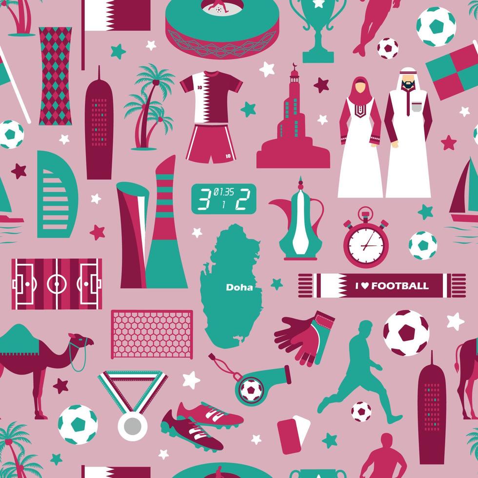 Katar. día Nacional. tema de fútbol de fútbol. diseño plano de tendencia de cubierta de tela de patrón sin costuras en rosa. vector