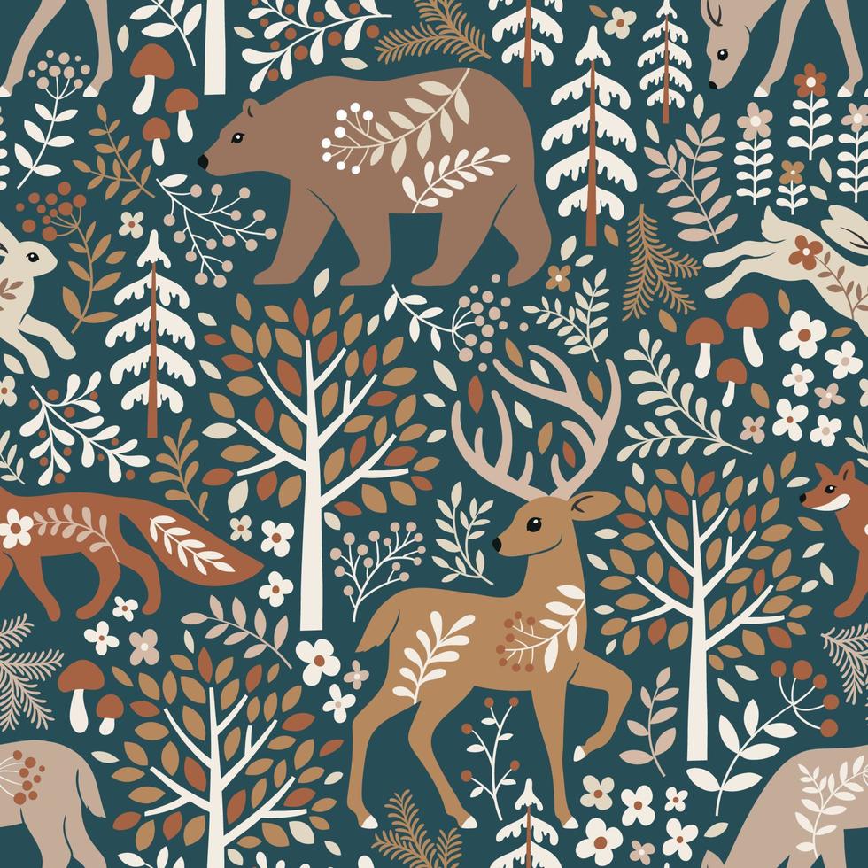 Seamless pattern with cute woodland animals, trees and leaves. Scandinavian woodland illustration. Perfect for textile, wallpaper or print design. vector