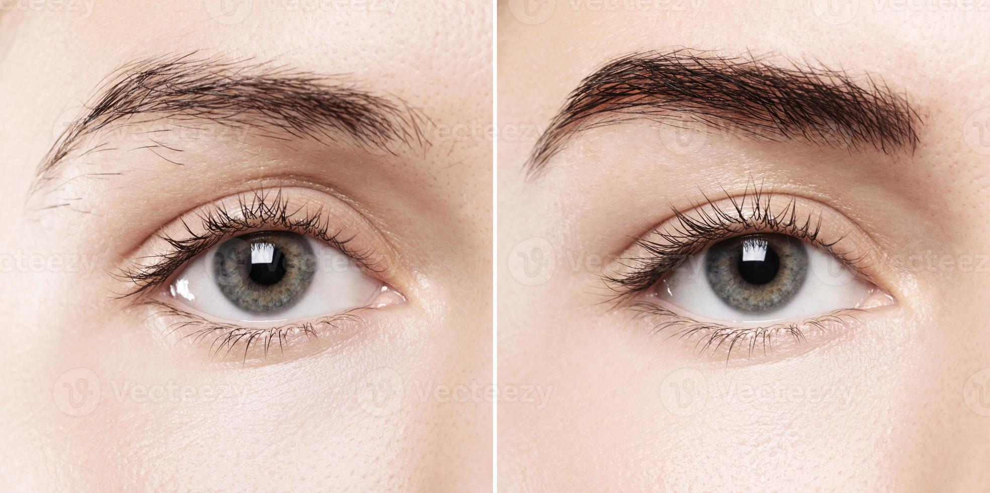 comparación de la ceja femenina después de la corrección de la forma de la ceja foto