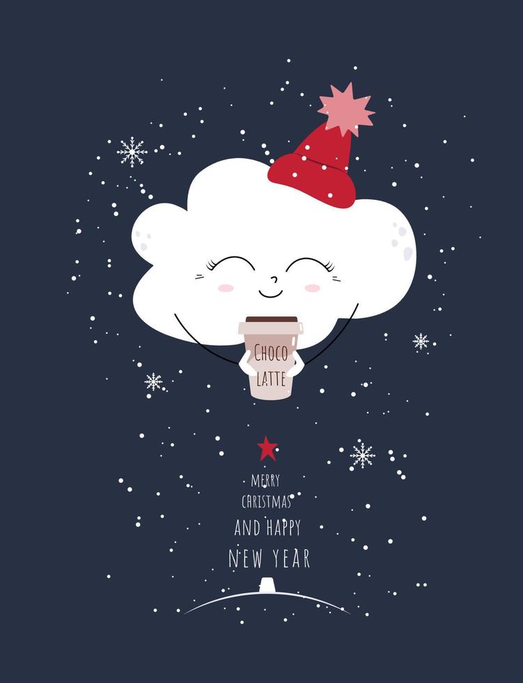 the white cute flat snowy cloud in red hat with coffee and new year tree vector