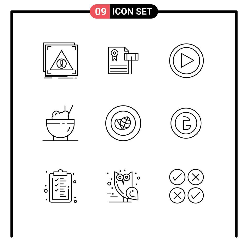 Modern Set of 9 Outlines Pictograph of achievement food gravel chinese play Editable Vector Design Elements