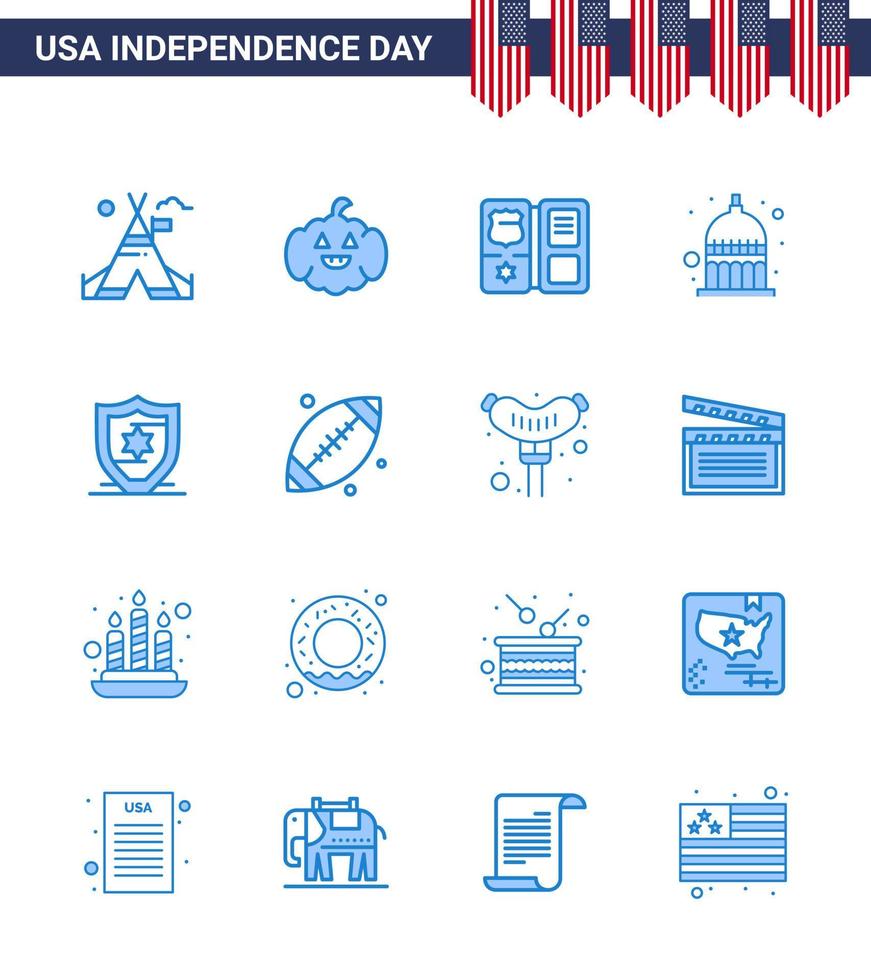 16 USA Blue Pack of Independence Day Signs and Symbols of shield american shield usa indianapolis Editable USA Day Vector Design Elements