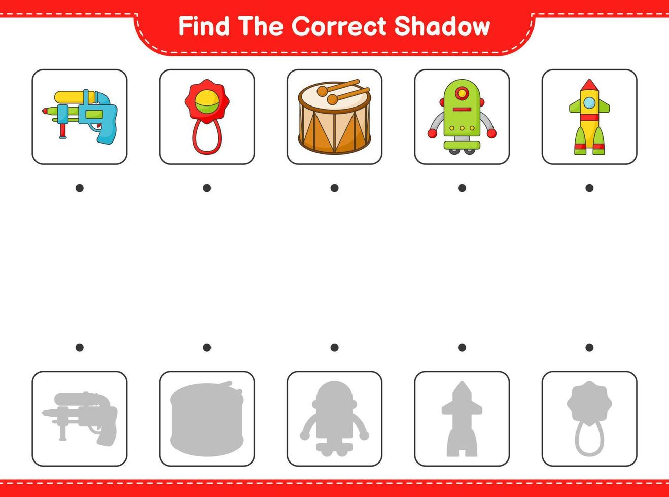 Find the correct shadow. Find and match the correct shadow of Baby Rattle, Robot Character, Water Gun, Rocket, and Drum. Educational children game, printable worksheet, vector illustration