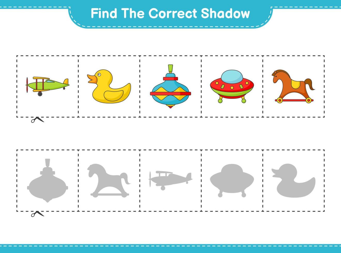 Find the correct shadow. Find and match the correct shadow of Ufo, Plane, Whirligig Toy, Rubber Duck, and Rocking Horse. Educational children game, printable worksheet, vector illustration