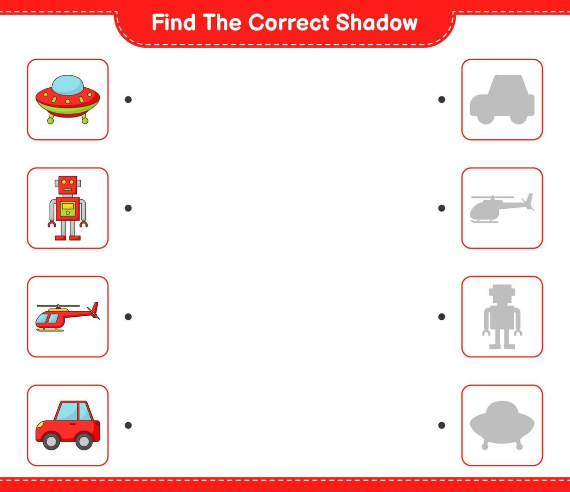 Find the correct shadow. Find and match the correct shadow of Helicopter, Ufo, Robot Character, and Car. Educational children game, printable worksheet, vector illustration
