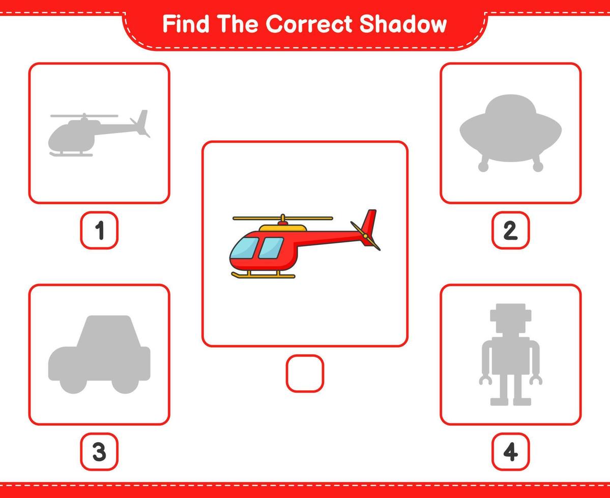 encontrar la sombra correcta. encuentra y combina la sombra correcta del helicóptero. juego educativo para niños, hoja de cálculo imprimible, ilustración vectorial vector